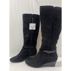 East 5th Womens Ellerton Wedge Heel Dress Boots Black Faux Suede  Size 6.5